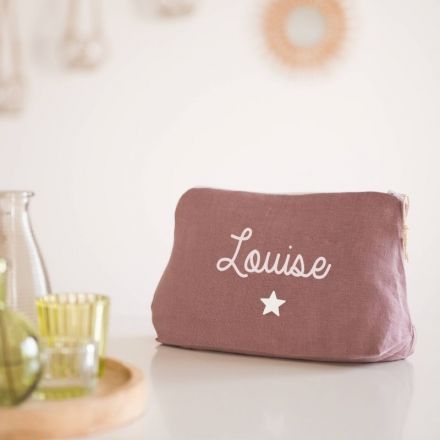 Trousse de toilette personnalisé en lin mauve