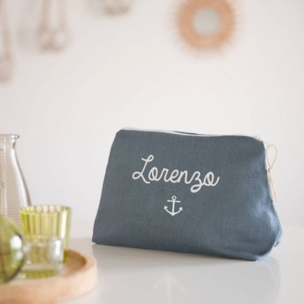 Trousse de toilette personnalisée en lin bleu grisé