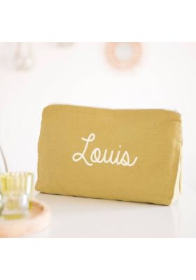 Trousse de toilette personnalisée en lin moutarde