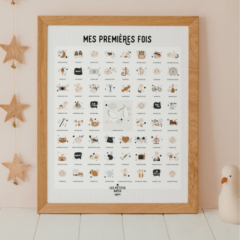 Affiche à Tamponner Mes Premières Fois Bébé - Grand Format A2 Nuage Avec Cadre Aimanté