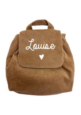 SAC À DOS VELOURS CÔTELÉ MARRON CLAIR PERSONNALISABLE PETIT COEUR