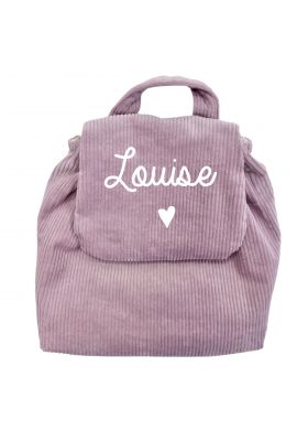 SAC À DOS VELOURS CÔTELÉ LILA PERSONNALISABLE PETIT CŒUR